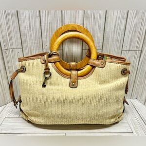 Fossil Woven Wicker Straw Handbag Purse Leather w Key Charm Tan Stained 14"